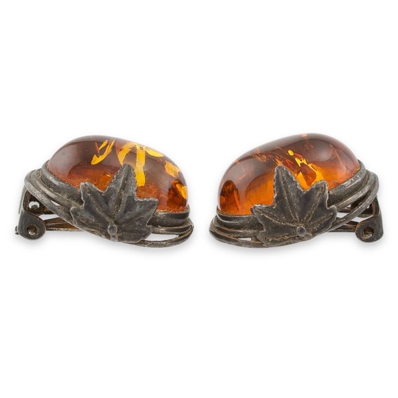 Vintage Baltic Amber Sterling Silver Clip On Earrings Leaf Design - Picture 3 of 8